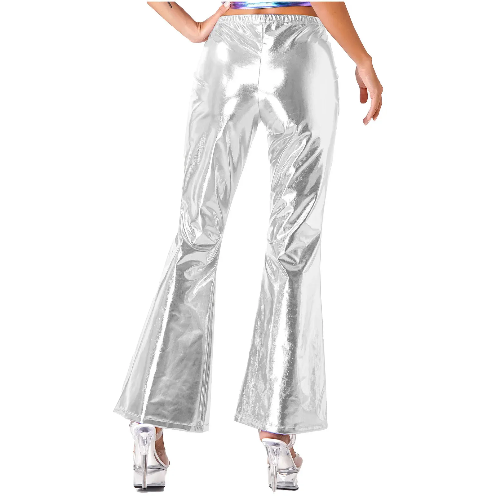 Dames tweedelige broek Pantalon ontwijken metallique briljant pour femme taille moyenne 70 s Disco elastique bas cloche Cosplay Clubwear 231206