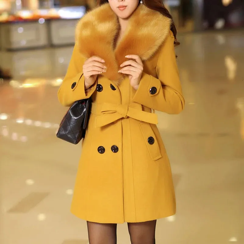Faux Fur Wool Jacket For Women Double Breasted, Oversized