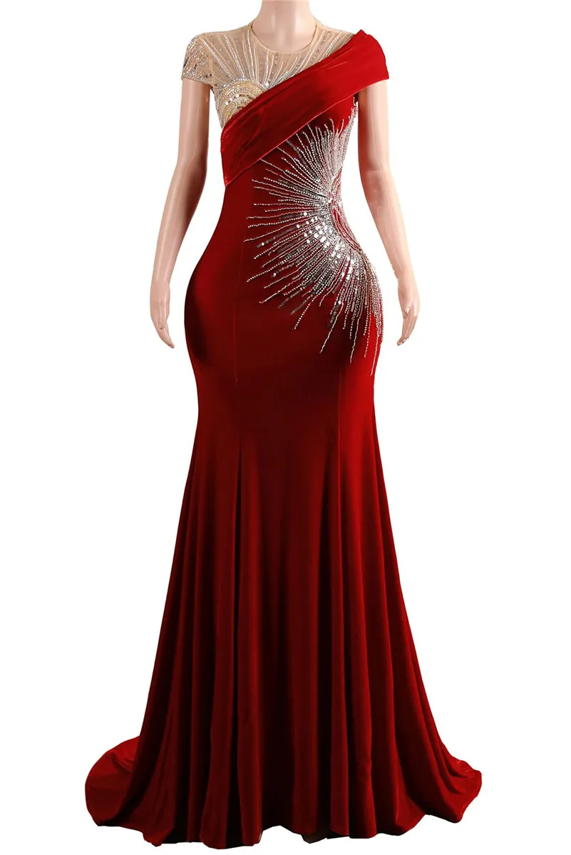 Elegante Abito Da Sera Formale Rosso Con Perle A Maniche A