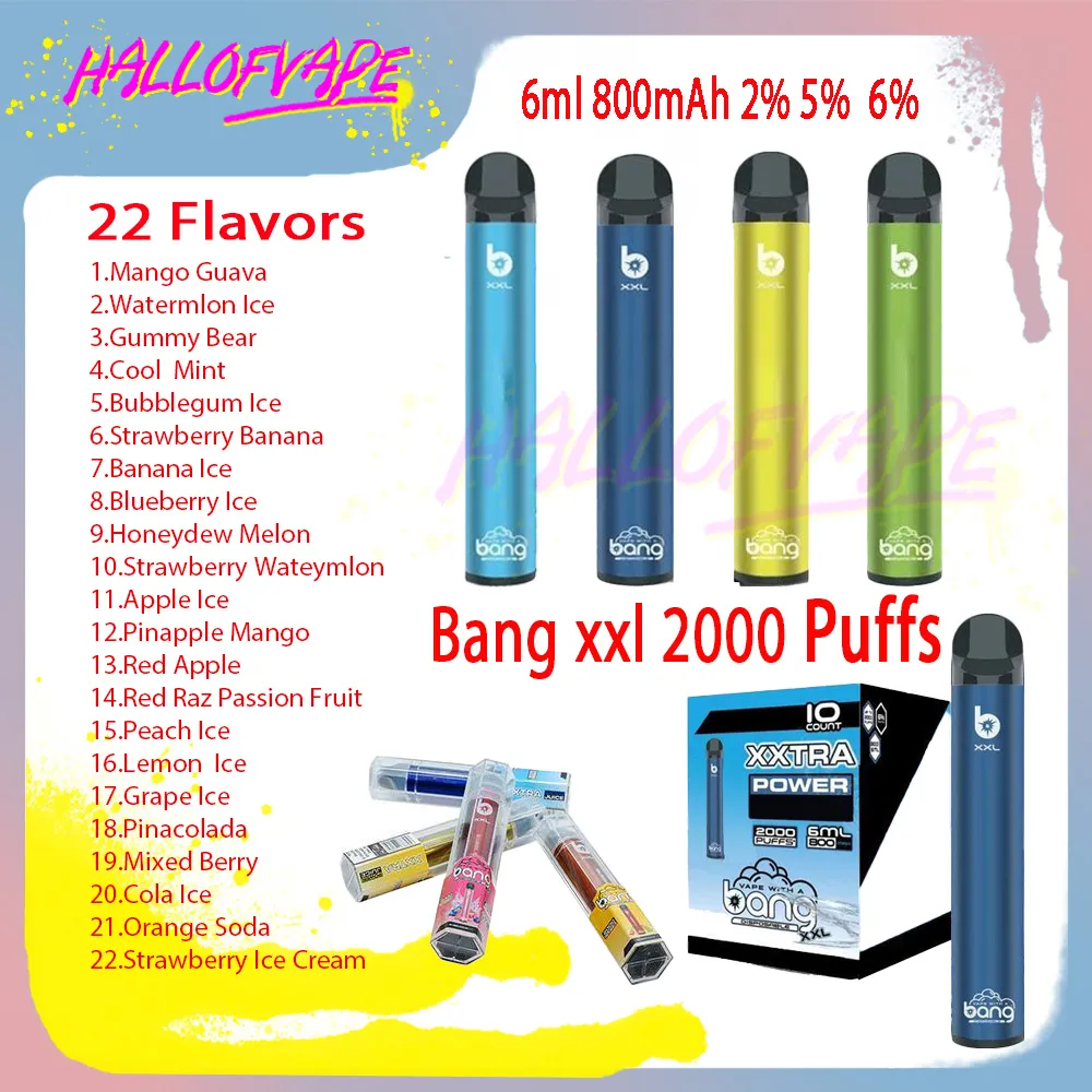 Sigarette originali Bang XXL 2000 Puff E Bobina a rete da 6 ml 2% 5% 6% Livello 800mAh 22 gusti Penna Vape usa e getta