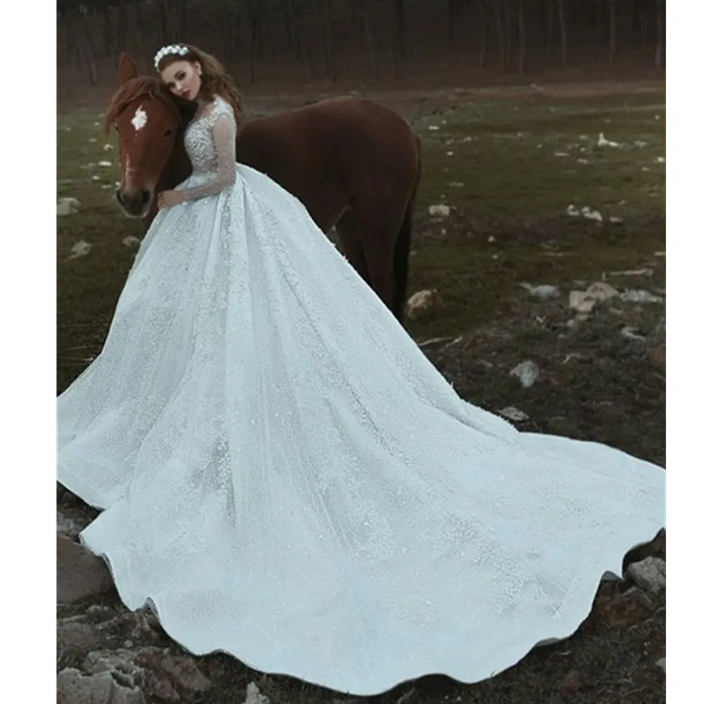 wedding dress with mesh sleeves Luxury Rhinestones Pearls Long Sleeve Mermaid Wedding Gown Overskirt, White / Dress+Overskirt