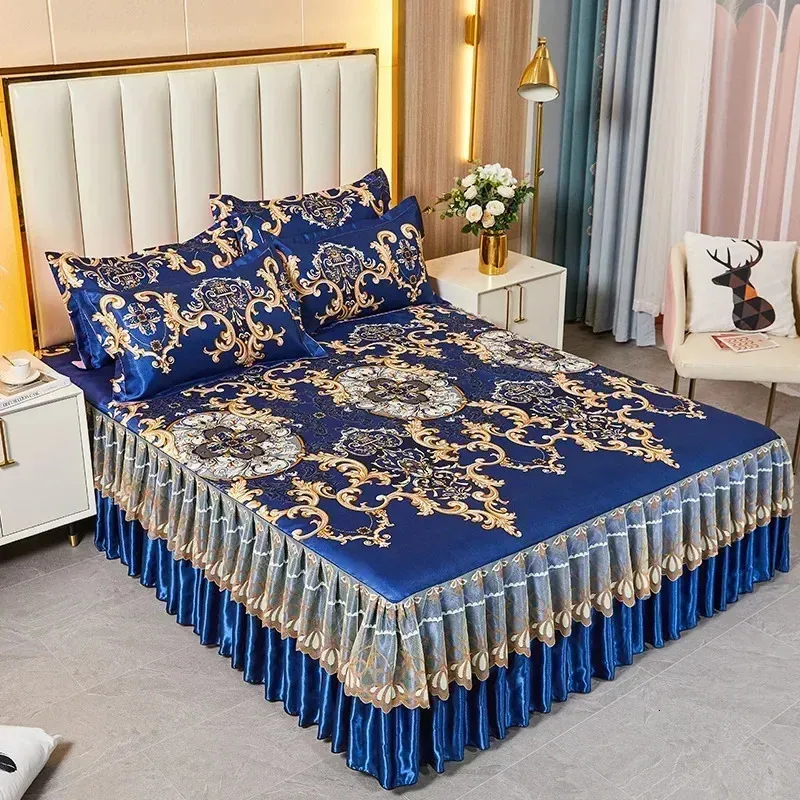 Saia de cama 3 pçs conjunto moderno colcha azul real legal cama saia máquina lavável lençóis cama com elástico para rainha rei tamanho 231205