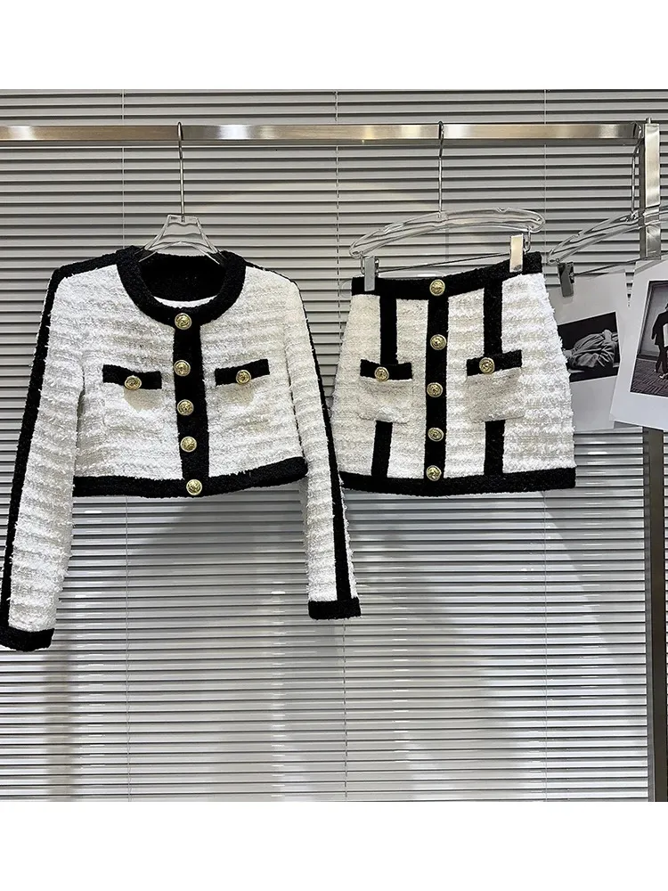 Marke Südkorea Zweiteiliges Kleid HIGH STREET Est Luxus-Anzugset Damen Schwarz Weiß Kontrastierendes Designer-Tweed-Kurzjackenrock-Set 3275