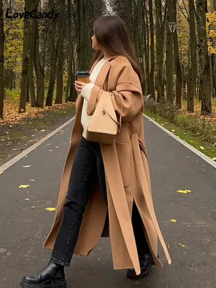 Women s Fur Faux Women Elegant Long Woolen Coat with Belt Autumn Winter Fashion Solid Sleeve Warm Outwear Office Ladies Casual Overcoat 2023 231206