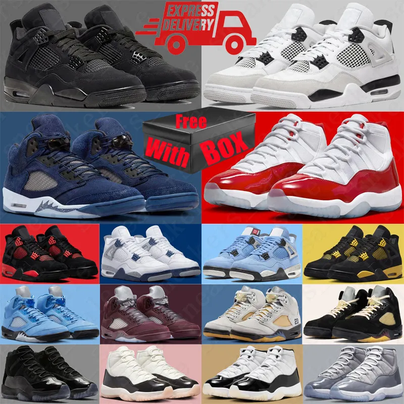 With Box 4s 5s 11s basketball shoes for mens womens Cherry 11 4 5 Military Black Cats Midnight Navy Cool Grey Red Thunder UNC trainers sneakers Sports