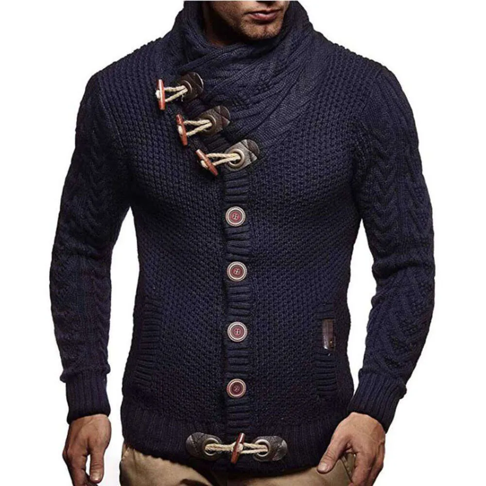 Pull de noël à manches longues pour homme, Cardigan à simple boutonnage, coupe cintrée, col haut, grande taille, tricoté, hiver, 640
