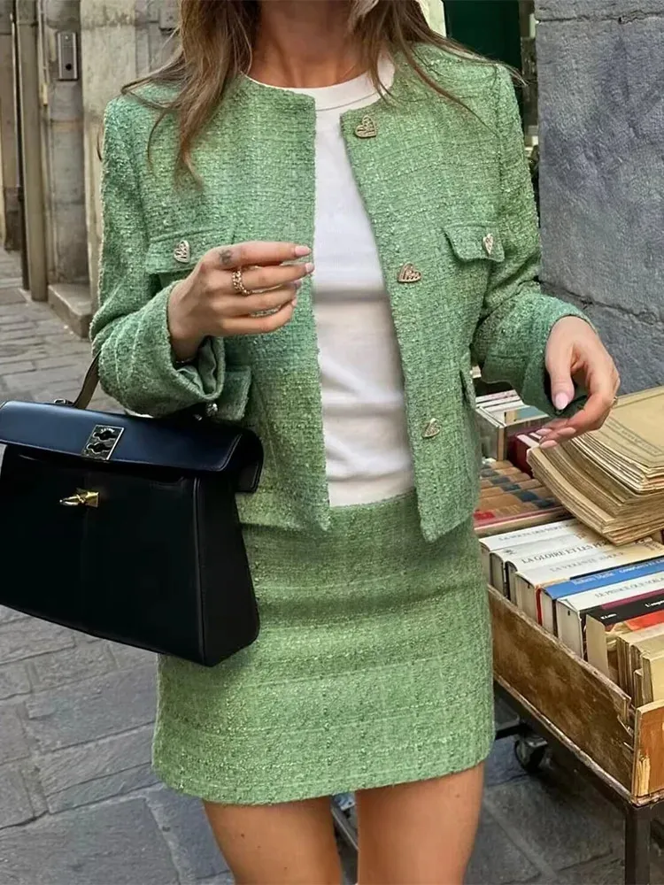 Elegant Tweed Skirt Suit - Womens Cropped Jacket & High