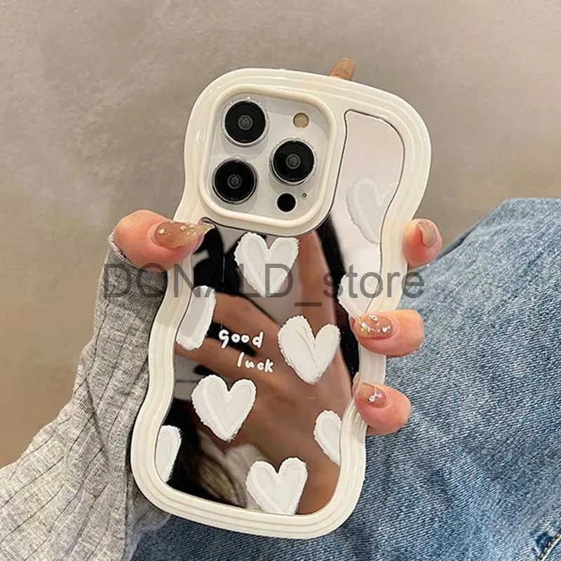 Cas de téléphone portable coréen belle coeur blanc miroir de maquillage pour iPhone 14 15 Pro Max 13 11 12 14 Plus XS X XR couverture souple antichoc J231206
