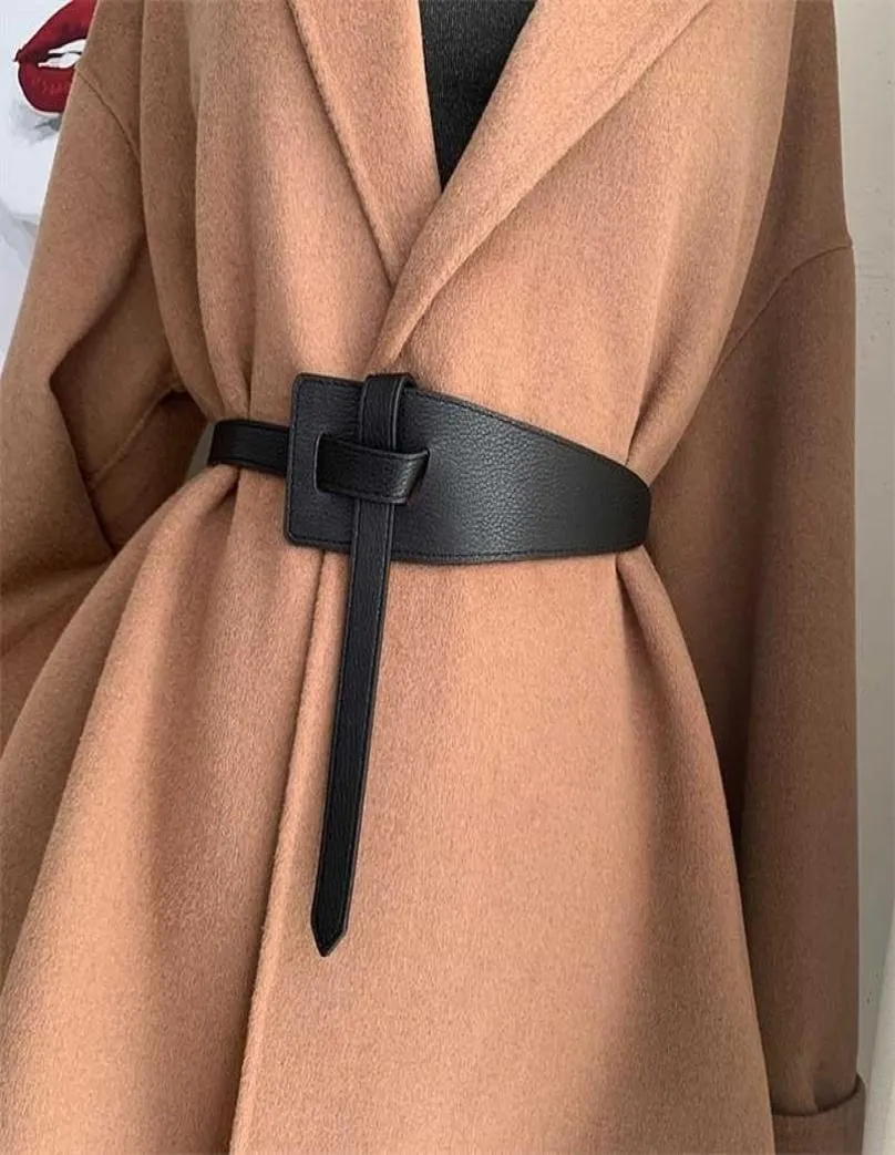 ファッション高品質のレザーベルト女性デザイナーの結び目バックル調整可能なウエストストラップドレスコートセーター装飾ウエストバンド29158745