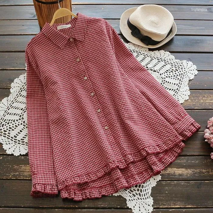 Kvinnors blusar Houndstooth Hem Ruffled Turn-Down Collar Long Sleeve Doll Shirt Top 2023 Mori Girl