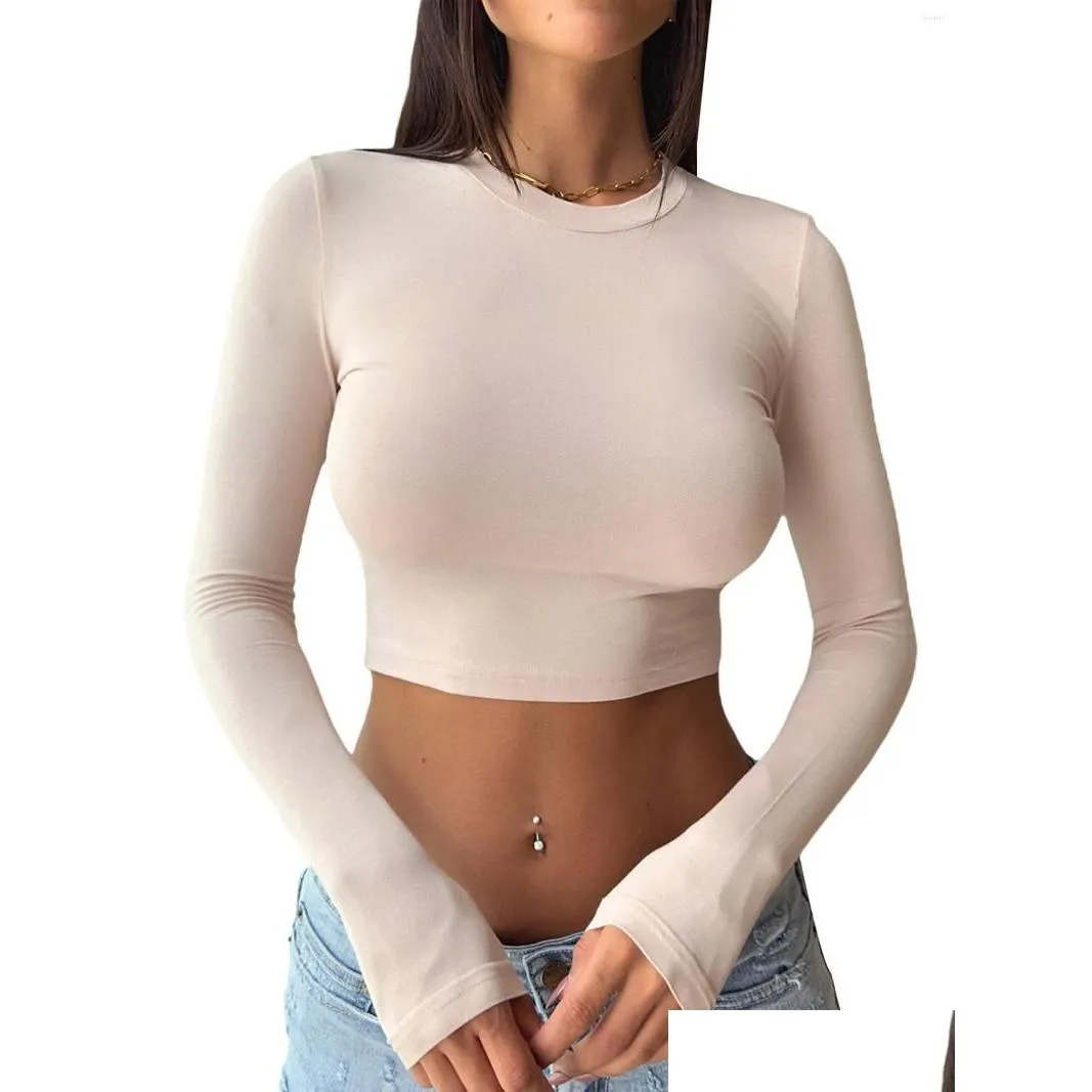 Women'S Tanks & Camis Womens Tanks Springcmy Women S Y2K Round Neck Skim Dupe Basic Crop Tops Long Sleeve Slim Fit Baby Tees Summer Bl Dhf6D