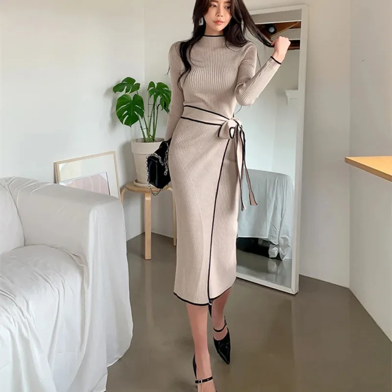 Urban Sexy Dresses Autumn Winter Elegant Korean Dress Ladies Slim Midje Lace-up Sticked Mid-Length tröja klänning Women Vestidos 231206