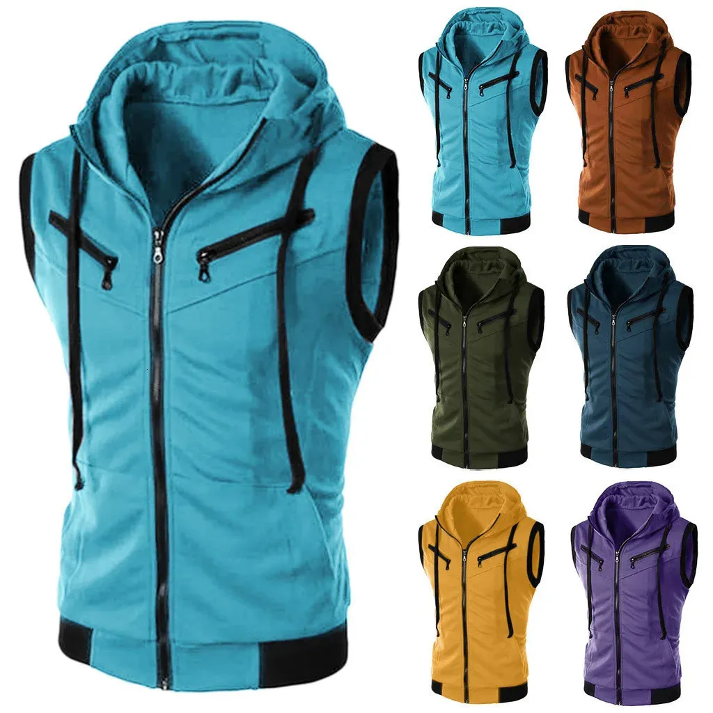 Men's Vests solid color zipper Vest summer hooded shortsleeved Tshirt top Casual Short Sleeveless coat 231205