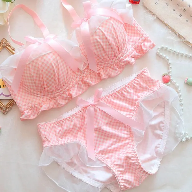 Japanese School Girl Bra Set Cute Bowknot Pink Plaid Lingerie For Sweet