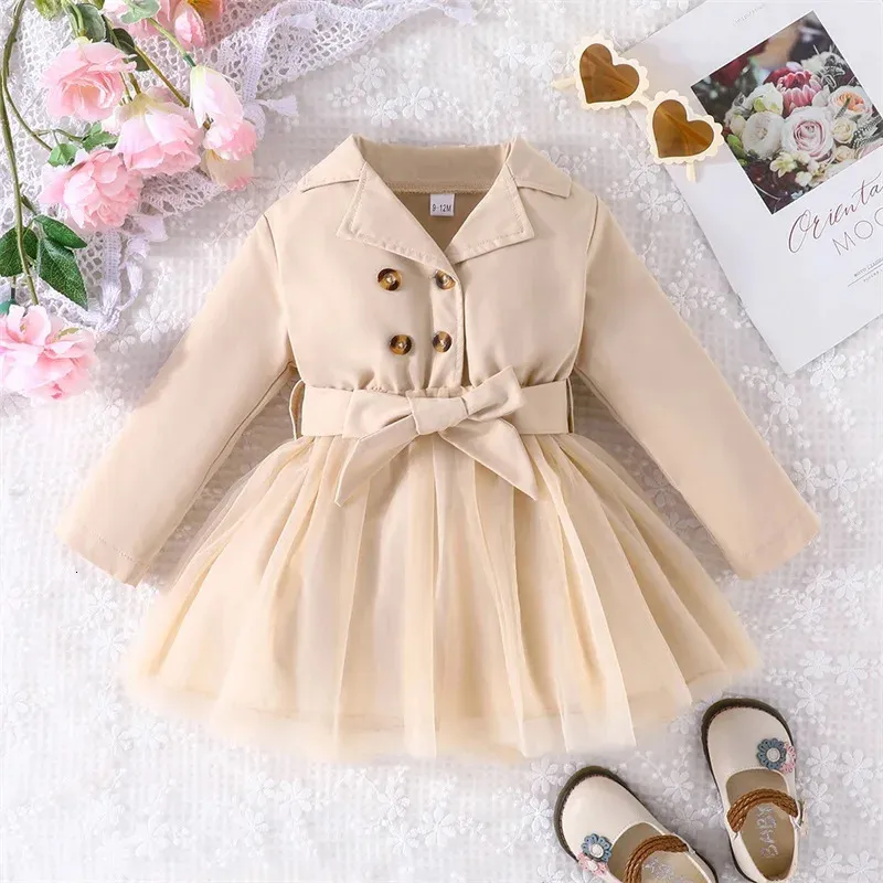 Girl's Dresses 0-5Y baby girl autumn dress children's long sleeved pioneer patch work sheer ball dress with belt children's fashion clothing 2312306