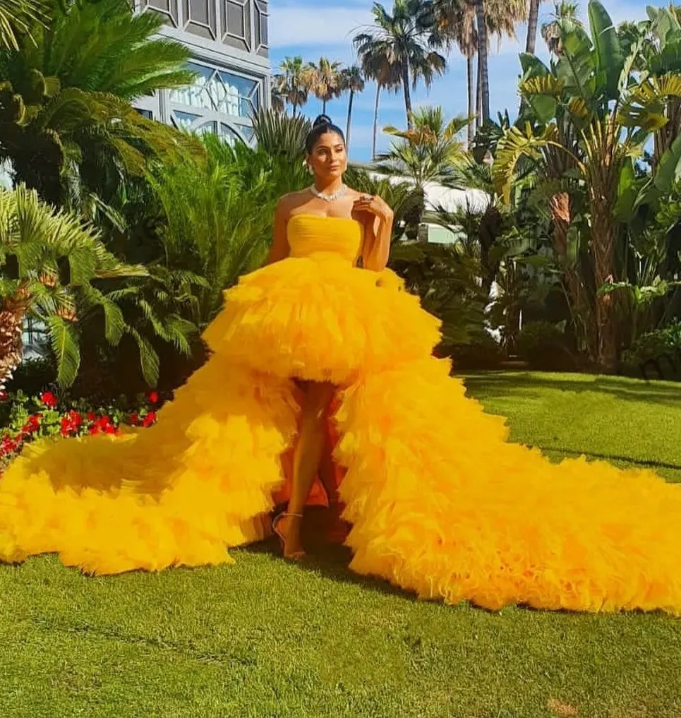 Yellow Strapless layered tulle prom dress for Women - Tiered Ruffles, High Low, Sweep Train - Customizable for Photoshoots, Evening Parties, and More