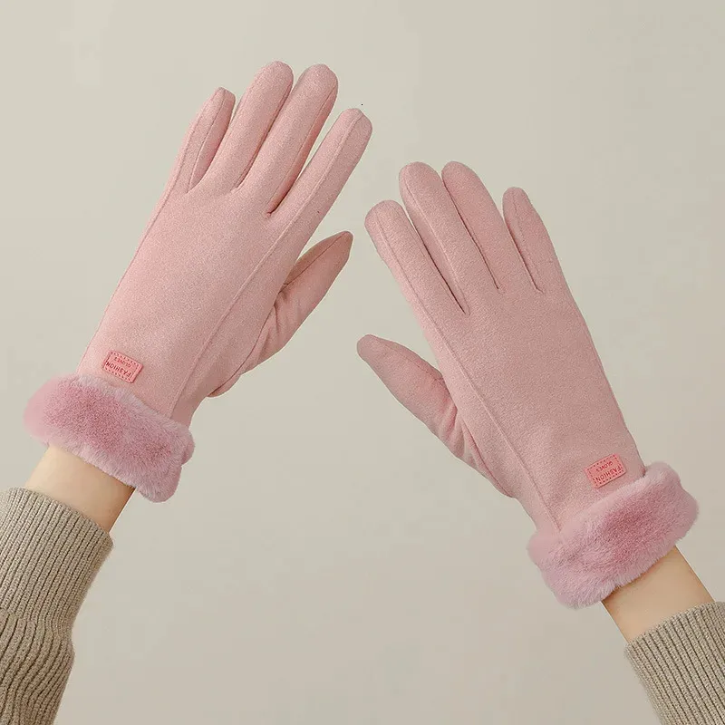 Cinco Dedos Luvas Engrossadas Touch Screen GlovesWomen Inverno Quente Camurça Dedo Completo Mittens Meninas Esporte Ao Ar Livre 231205