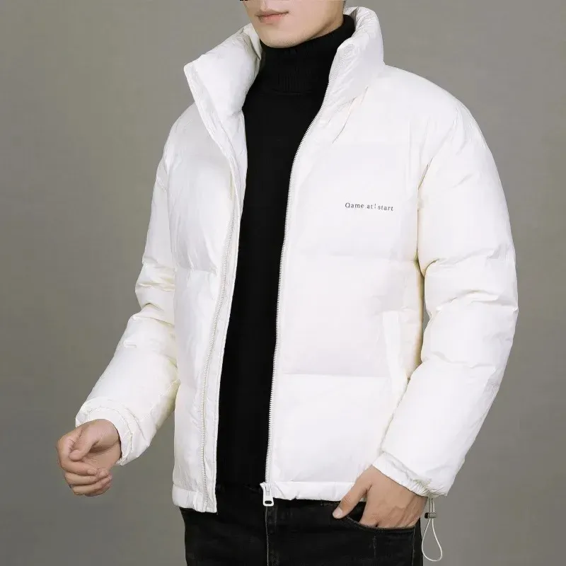 Herrarna ner parkas höst vinter stativ krage lätt jacka koreansk mode överdimensionerad varm tjock kappa vit orange grön svart 231205