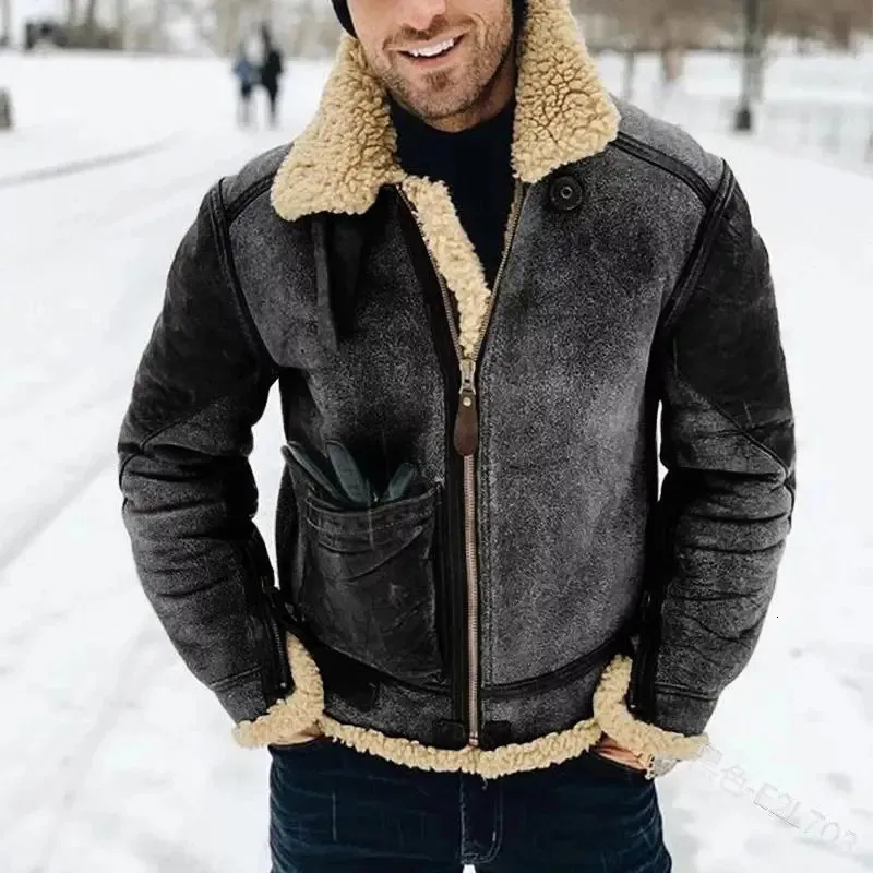 Veste en cuir pour hommes, fausse fourrure chaude intégrée, manteau rembourré en PU, revers d'hiver, couleur contrastée, mode décontractée, 231205