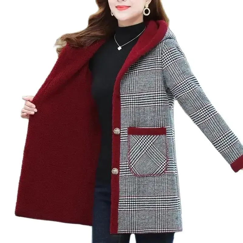 Women's Jackets Manteau a Carreaux en Velours pour Femme Veste Rembourree en Coton Mi-Longue a Capuche Chaud Hiver 231206