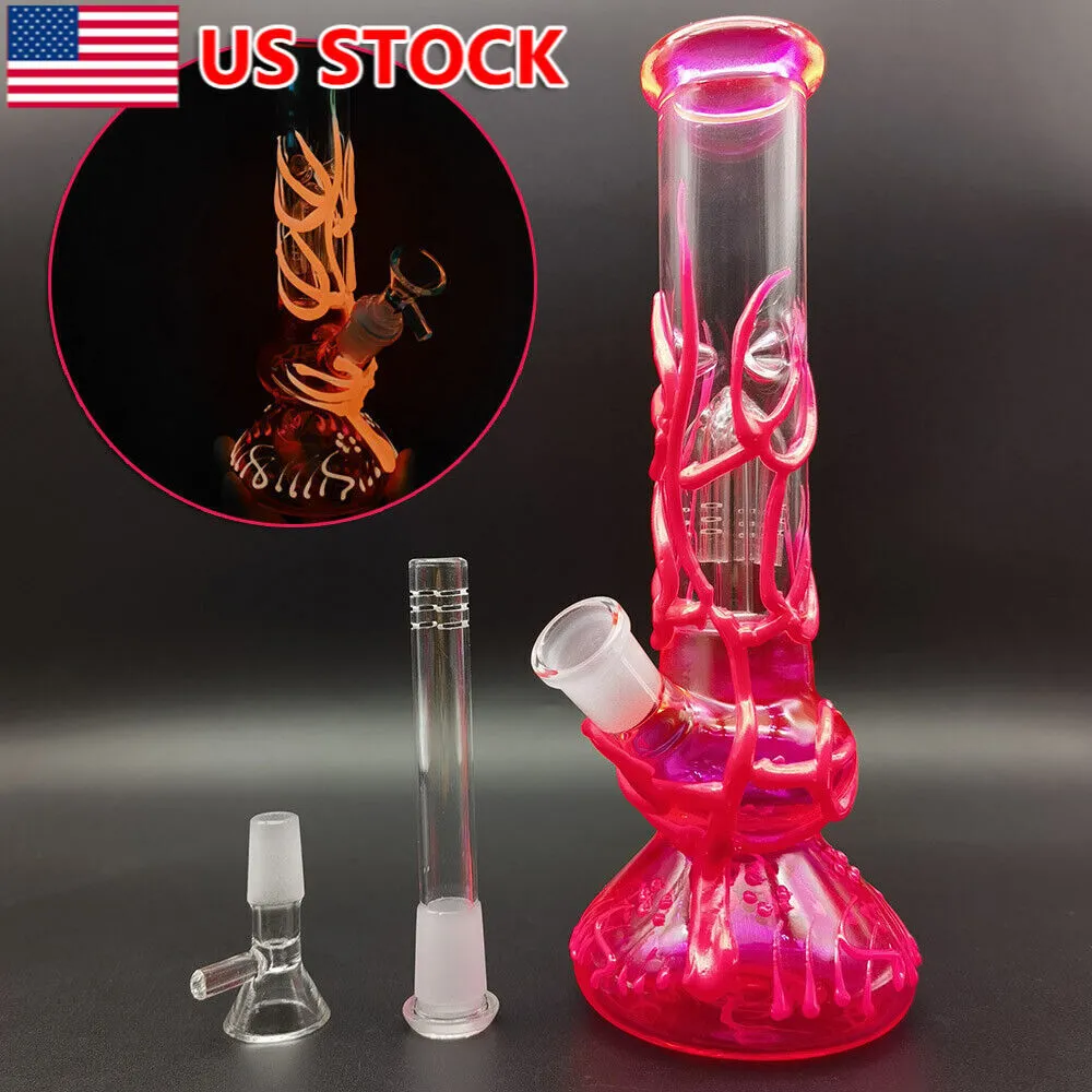 Cachimbo de água de 10,5 polegadas que brilha no escuro rosa veia vidro cachimbo de água para fumar + tigela de 14 mm