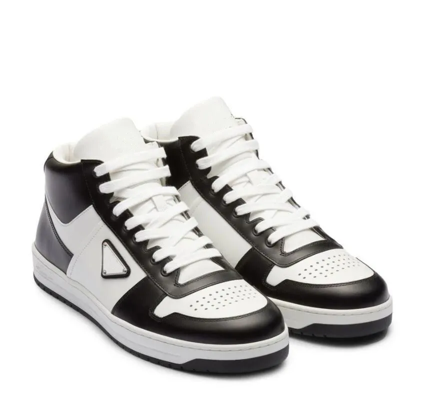 Luxury Designer Man Downtown High-Top Triangle-Logo Sneaker Unisex Street Style Plain Leather Sneakers Mid Cut Lace Up Runner Trainers Renylon Round Toe Dress