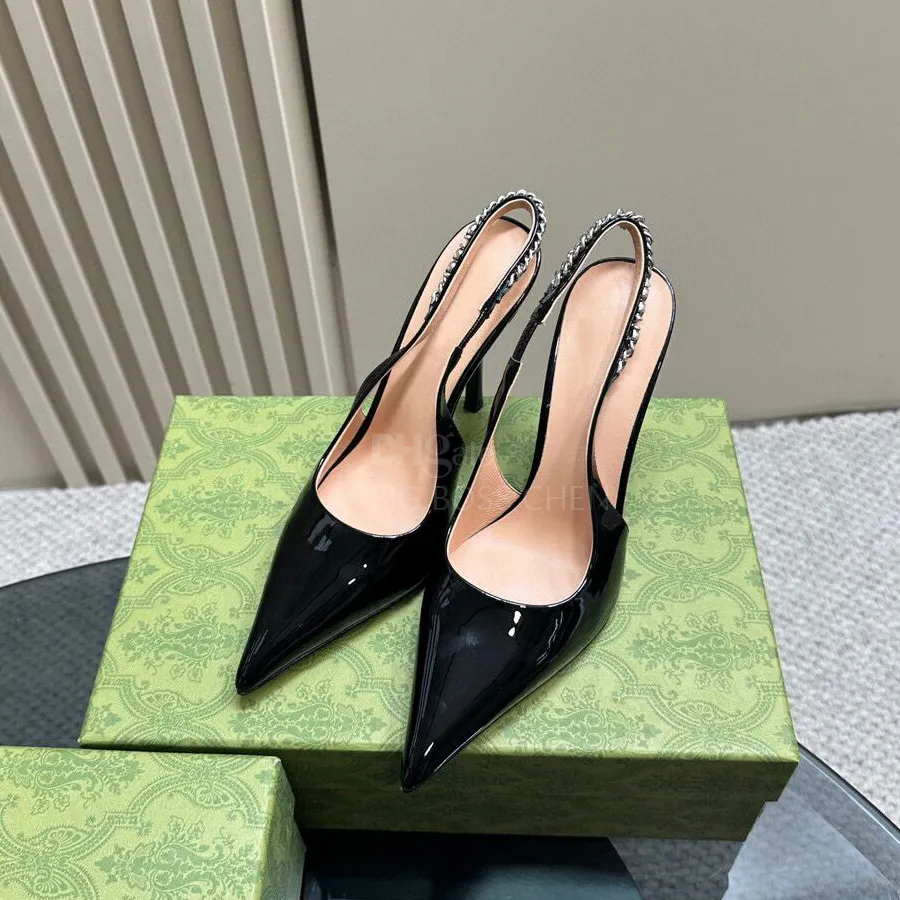 Pointed Toes Chains Pumps Shoes Patent Leather Slingback Heels Stiletto Heels Sandals Dress Shoes Luxury Designer High Heeled Dinner Wedding Shoes With Box 10.5cm From 68 73 DHgate