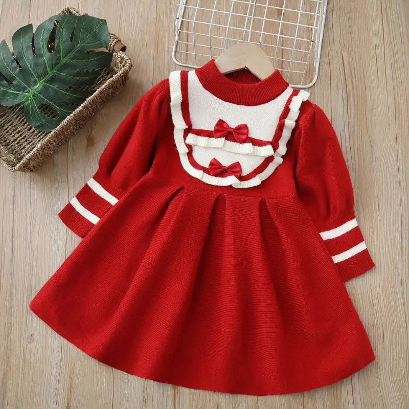 Robes de fille Pull pour fille automne et hiver nouveau pull pour fille robe tricotée nœud papillon petit parfum robe de princesse douce 2312306