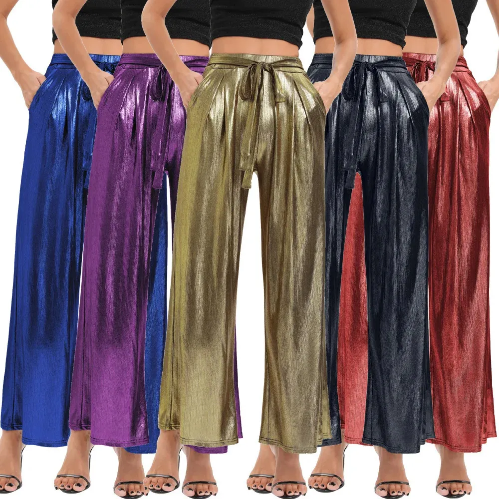 Pantaloni a due pezzi da donna Pantalon metallique a jambe large pour femme bronzant brillanti evase dame taille elastique astronomique hip hop baggy fjwlwear 231206