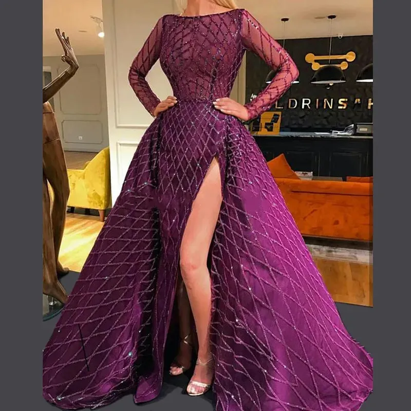 Nueva moda vestido de fiesta púrpura 2024 con tren desmontable mangas largas falda lateral dividida vestidos formales de noche batas de velada por encargo
