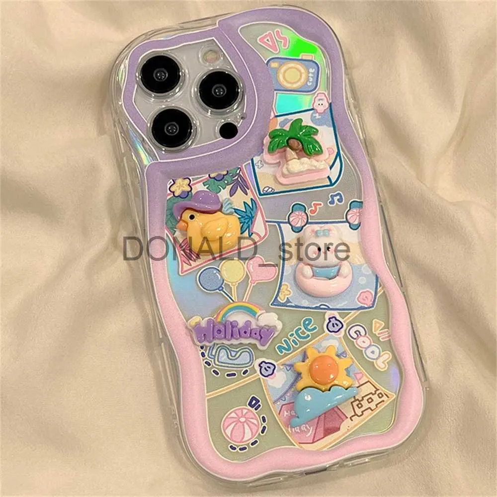 Étuis de téléphone portable Sacs de soirée INS Dessin animé mignon 3D Lapin Canard Dégradé Vague Bordure Silicone Étui souple pour iPhone 15 14 Pro Max 12 13 11 X XR XS 7 8 Plus Couverture J231216