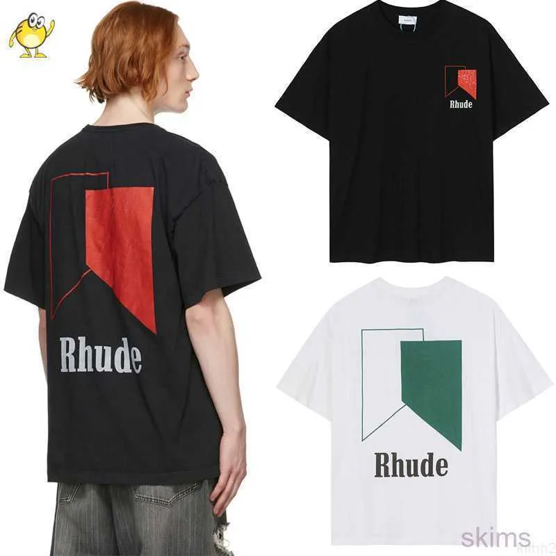 Rhude Męskie T-shirty Spring Black White Men Woman T-shirts TOP TEE Geometria druk 1 moda vintage bawełna jakość streetwear b29y