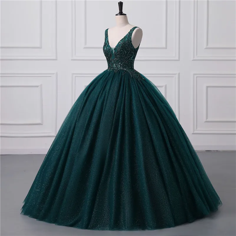 Зеленое блестящее темное тюлевое платье Quinceanera с блестками и блестками, сексуальное бальное платье с открытой спиной и V-образным вырезом, вечерние платья для выпускного вечера с корсетом сзади BM3506 s