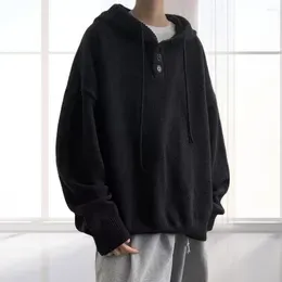 Men's Sweaters Men Polyester Sweater Vintage Streetwear Button Hooded With Drawstring Warm Loose Fit Mid Length Plus Size