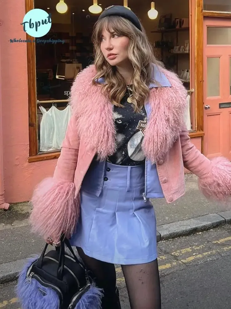 Dames bont faux elegante roze patchwork harige jas voor dames mode jassen met enkele rij knopen winter vrouwelijke vintage high street overjas 231206