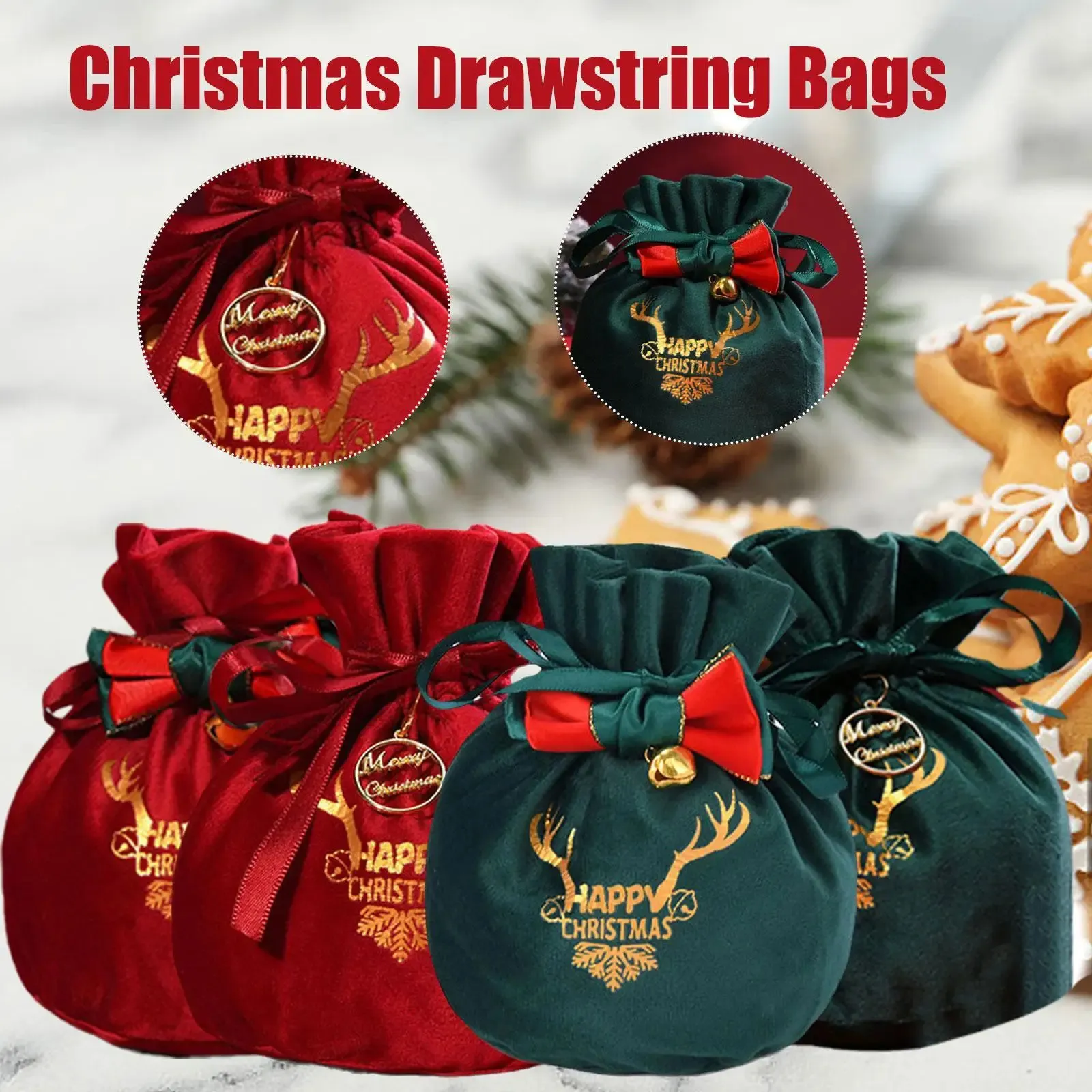 Gift Wrap Christmas Candy Bag Antler Bow Bag Velvet Drawstring Gift Wrap Party Decorations Navidad Year's Gift 231205