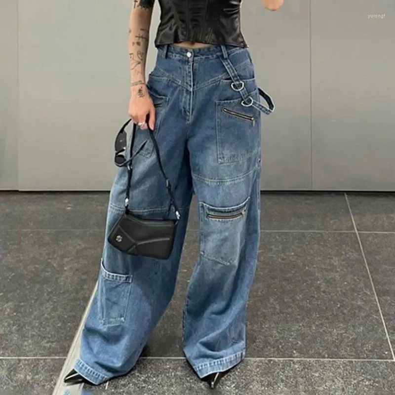 Jeans femininos perna larga americano alto multi-bolso fita envelhecida reta