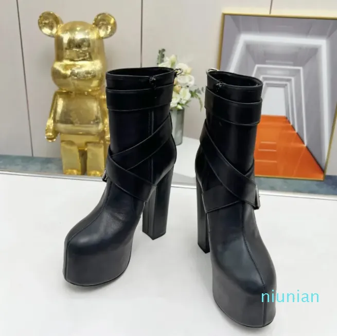 Buty na platformę boczkową okrągłe botki na wysokim obcasie klamry stały kolor oryginalny skórzany zamek błyskawiczny Chunky Boot Women Factory Factory Factory