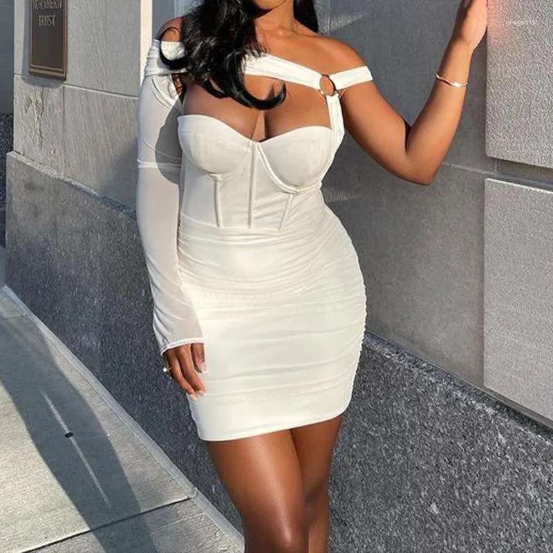 Casual Dresses Fashion Style Short Skirt Sexy One-Shoulder Sleeve Tight Dress Backless Tube Top Cinched Autumn White