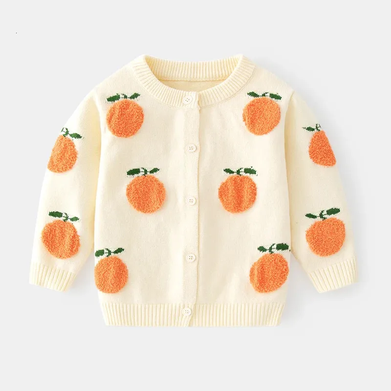 Cardigan Baby Sweater Cardigan Girls Boy Cotton Fruit Stereoscope Mönster Child Knit Coat Clothes O-Neck Lång ärm varm Autumn Winter 231206