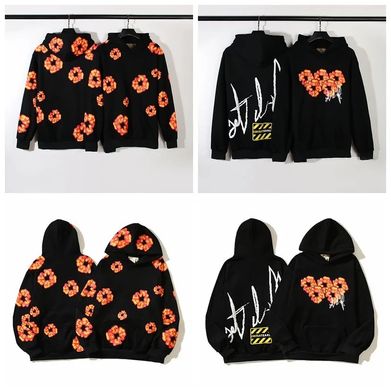 Floral Print Denim Fleece white fox hoodie with Flame Kapok