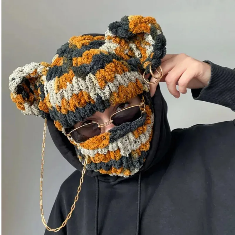 BeanieSkull Caps Winter Lovely Bear Ears Warm Balaclava Cap Hats With Necklace Chain Womans Unisex Knitted Party Funny Mask Handmade Bonnet Hijab 231205