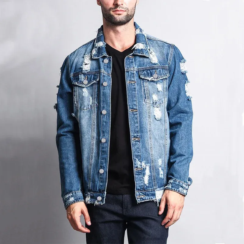 Mens Tracksuits Men Vintage Hole Denim Jacket Male Long Sleeve