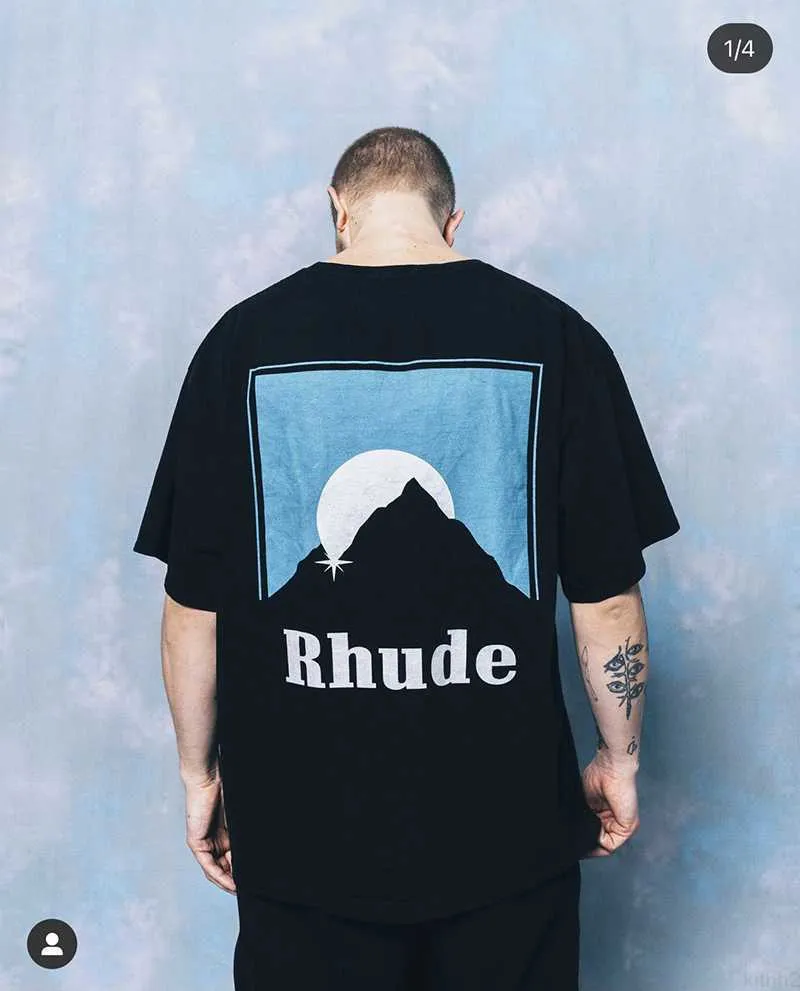 Homens camisetas High Street Rhude Box Sunset Impresso Manga Curta T-shirt Qualidade Homens e Mulheres Laranja Azul Moda G221118 93VD