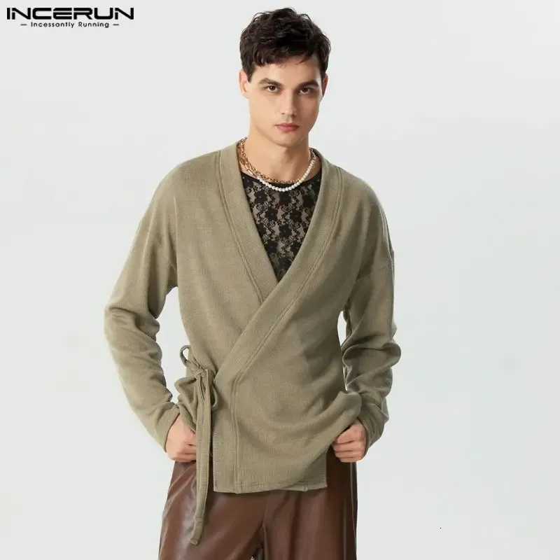 Männer Pullover 2023 Männer Einfarbig V-ausschnitt Langarm Spitze Up Cardigan Streetwear Gestrickte Mode Casual Kleidung INCERUN S5XL y231205