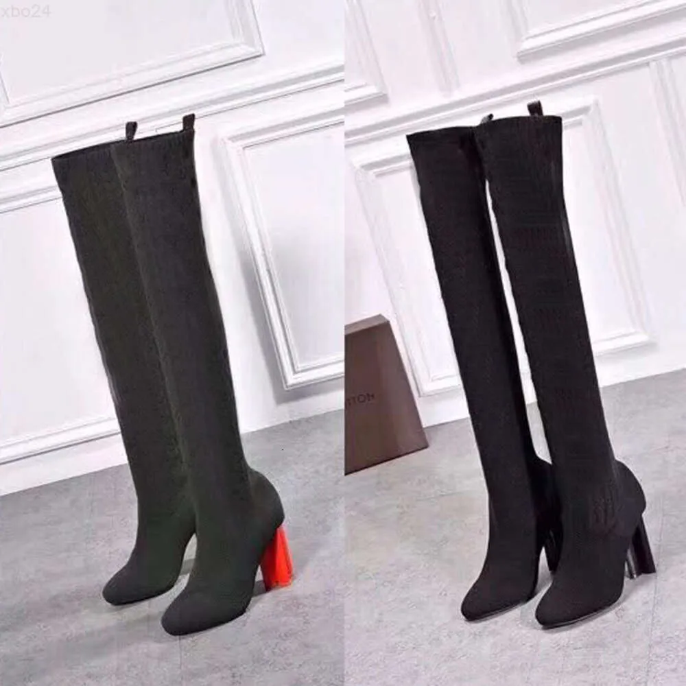 Top outono inverno meias salto alto botas longas moda sexy malha elástica boot designer alfabético mulheres sapatos senhora carta grossa saltos altos tamanho grande 354142 us4us