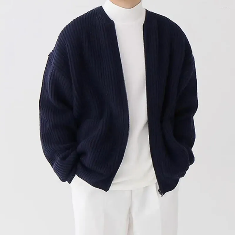 Maglione masWeater maglione cardigan Collaio a maglia senza colletto con tasche a piacomi di cerniera per outwear autunno inverno