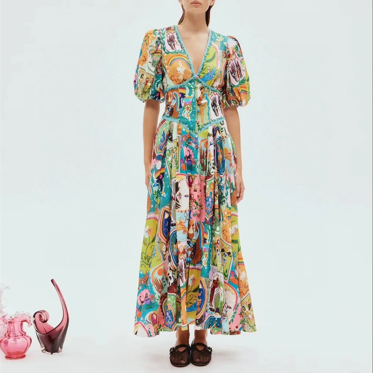 Australian designer linen abstract figure print V-neck short sleeve puff sleeve midi dress