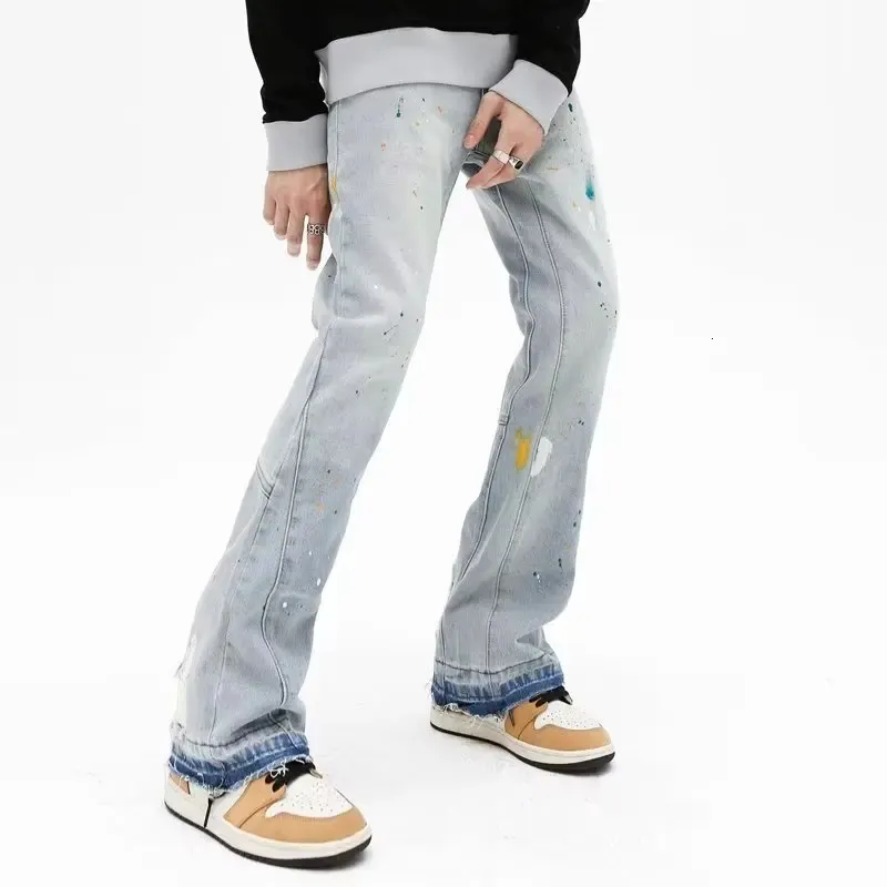 Jeans masculinos moda respingo tinta graffiti vintage baggy homens flare calças de brim elegante lavado azul hip hop denim calças ropa hombre 231206