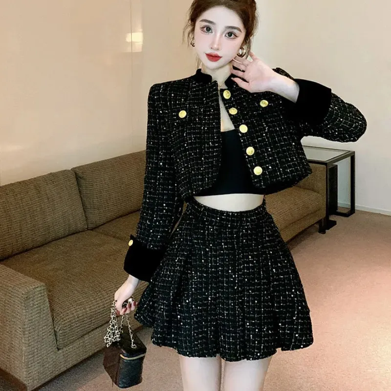 Two Piece Dress Korean Fashion Two Piece Set Temperament Vintage Small Fragrance Women Plaid Tweed Short JacketPleated Mini Skirt Suits Female 231205